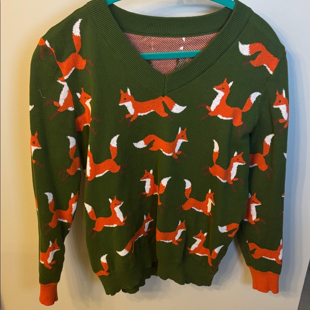 OxKnit Green Fox Print V-Neck Sweater